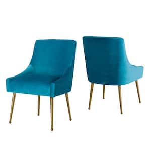 Light Blue Velvet Upholstered Dining Chair with Electroplated Legs and Adjustable Foot Nails(Set of 2)
