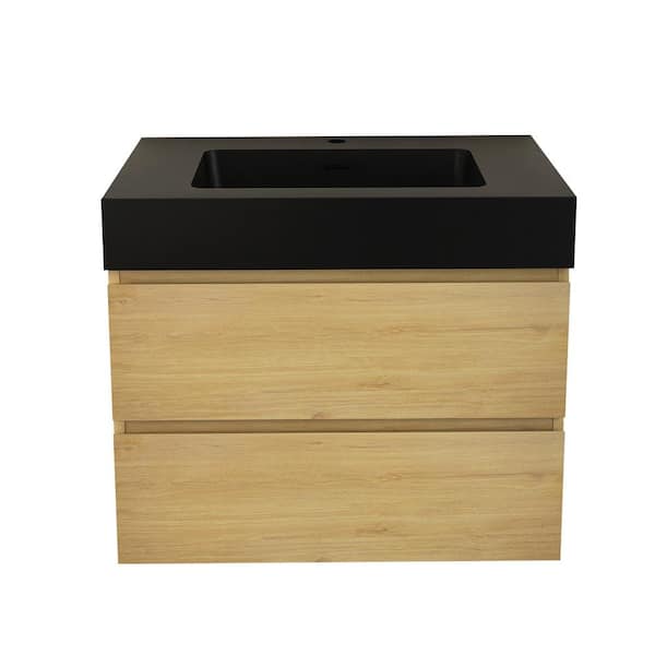 Unbranded 30 in. W x 18 in. D x 25 in. H Freestanding Bath Vanity in Light Oak with Black Solid Surface Top