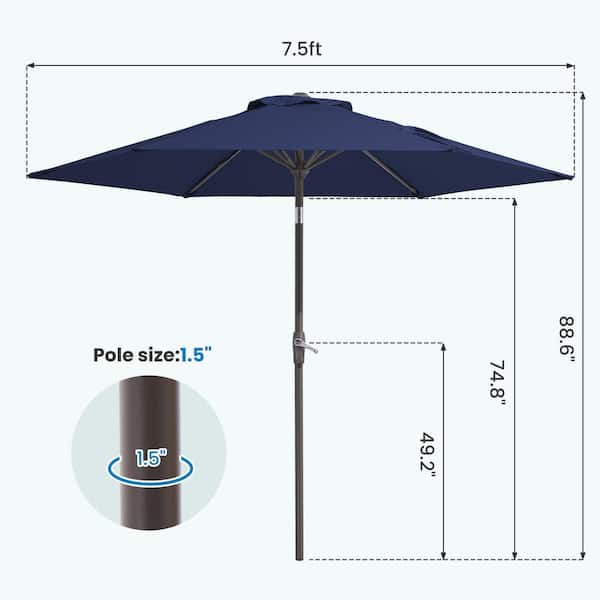 7.5 ft steel market patio umbrella in denim Best Choice Products 7.5ft Heavy-Duty Round Outdoor Table w/Steel Pole, Push Button Tilt, Easy Crank Lift and auto tilt helps you find the right angle as the sun shifts Tempo 7.5 ft. Aluminum Market