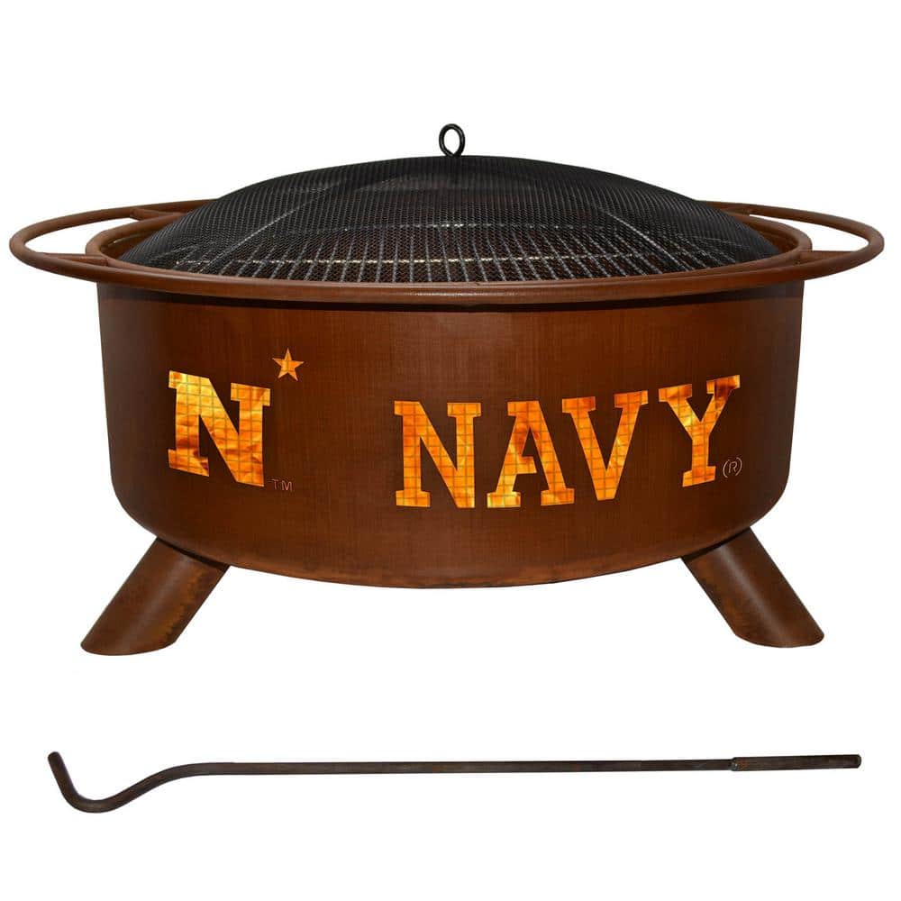 Navy 29 in. x 18 in. Round Steel Wood Burning Rust Fire Pit with Grill Poke