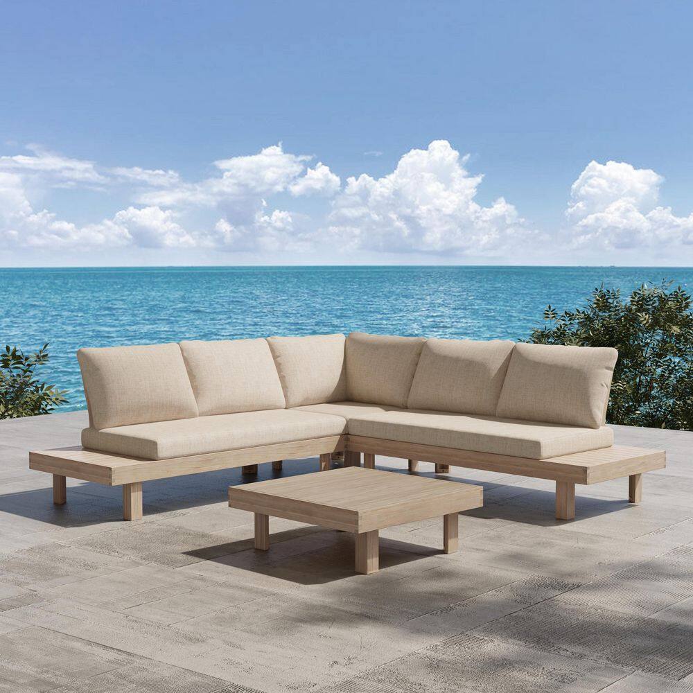 Zebulon 4-Piece Outdoor Solid Wood Patio Conversation Set with Sand Cushions, Coffee Table, Armless, Light White