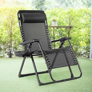 Black Steel Outdoor Folding Zero Gravity Lounge Chair Recliner with Cup Holder Tray Pillow
