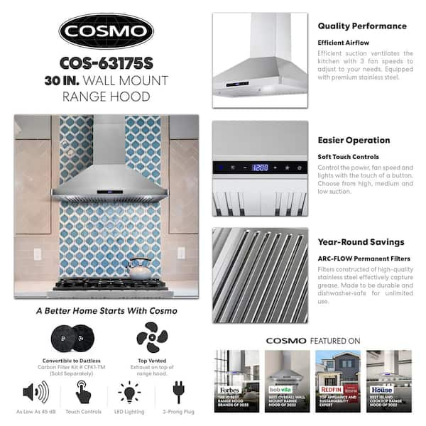 Cosmo 30 in. Ductless Island Range Hood in Stainless Steel with LED  Lighting and Carbon Filter Kit for Recirculating 668ICS750-DL - The Home  Depot