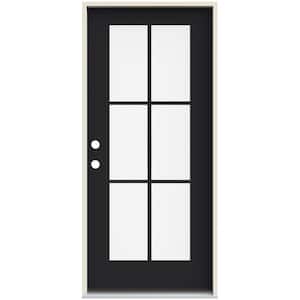 36 in. x 80 in. Right-Hand 6 Lite Clear Glass Black Painted Fiberglass Prehung Front Door with Brickmould