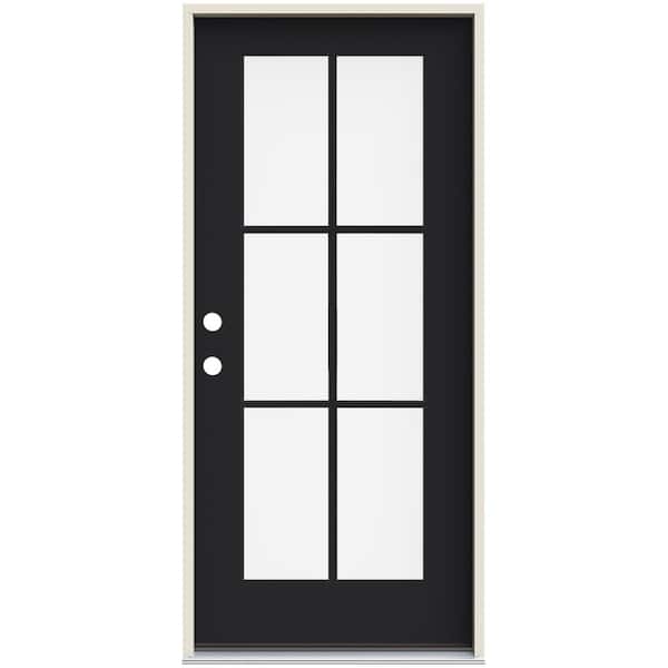 JELD-WEN 36 in. x 80 in. Right-Hand 6 Lite Clear Glass Black Painted Fiberglass Prehung Front Door with Brickmould