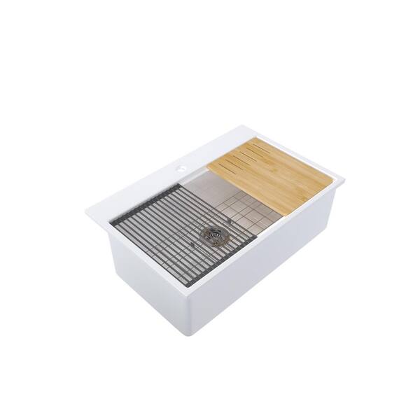 33 in. Topmount Single Bowl Gloss White Fireclay Kitchen Sink with Bottom Grid and Bamboo Cutting Board