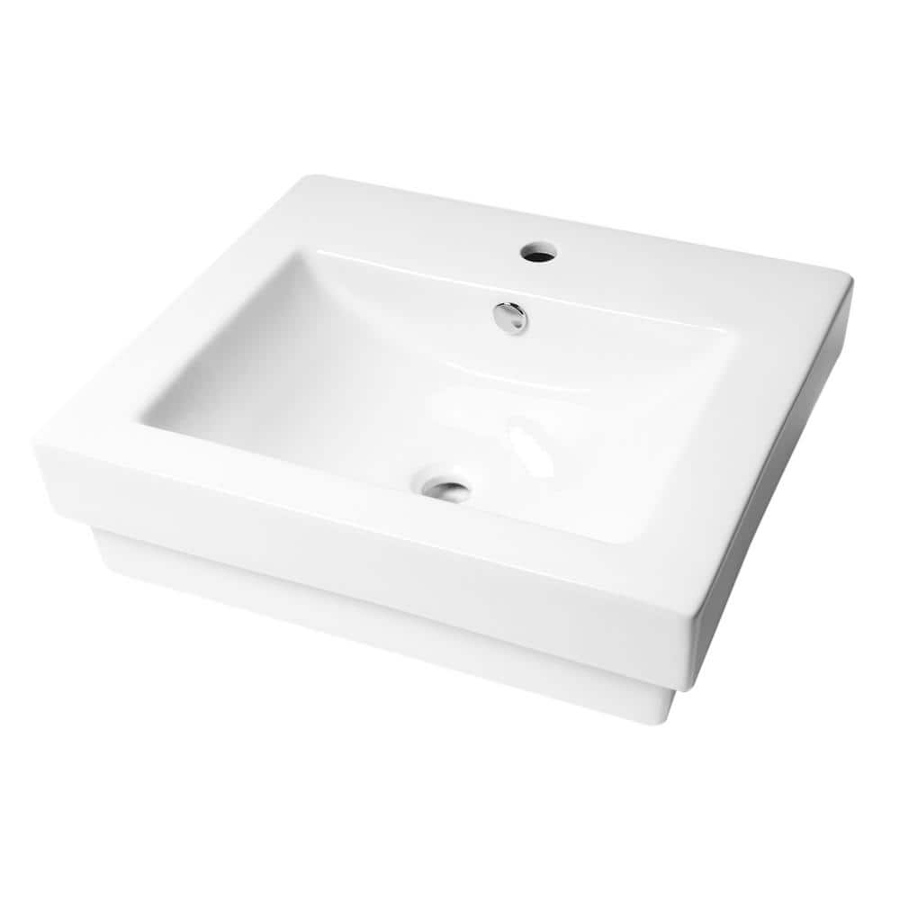 24" White Glossy Ceramic Rectangular Bathroom Sink with Faucet Hole