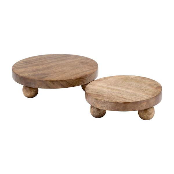 8/10 in. Brown Wood Round Risers Decorative Tray