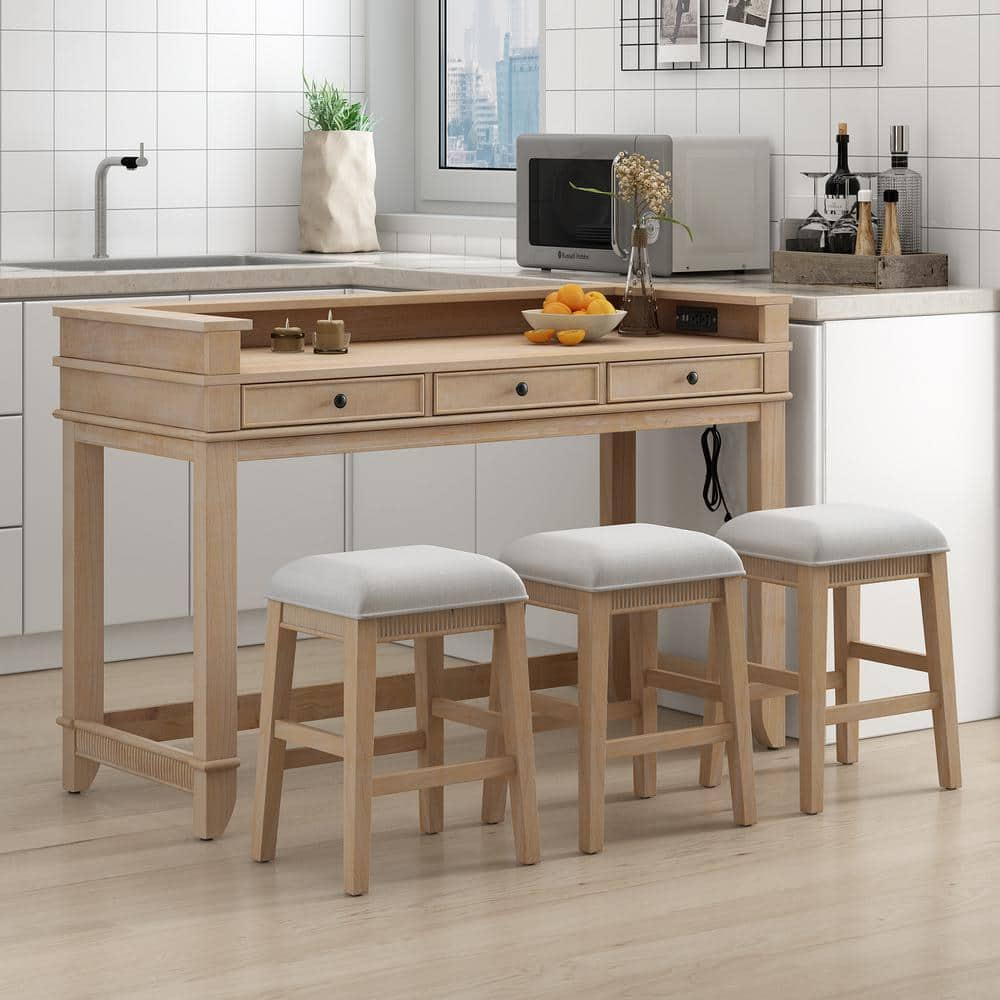 4-piece Natural Wood Wash Dining Bar Table Set with Drawers, USB Charging Station and 3 Upholstered Stools -  Harper & Bright Designs, XW095AAD