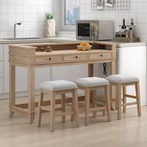 4-piece Natural Wood Wash Dining Bar Table Set with Drawers, USB Charging Station and 3 Upholstered Stools