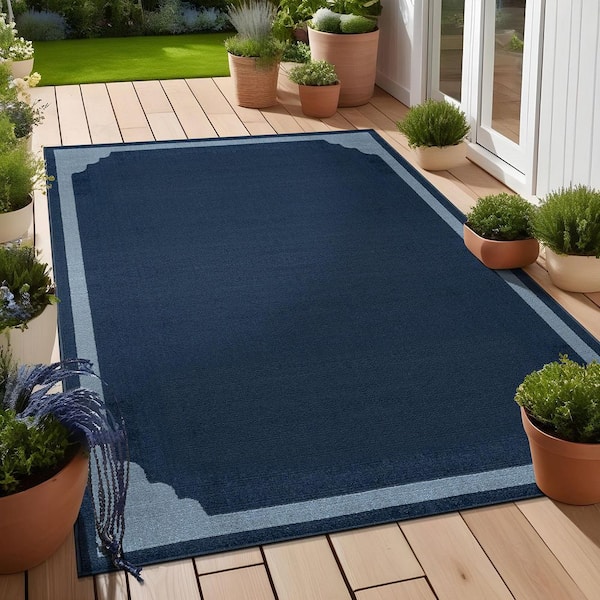Hera Navy 6 ft. x 9 ft. Rubber Back Washable Corner Bordered Indoor Outdoor Patio Area Rug
