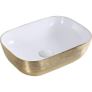 20 in. Above Vanity Counter Bathroom Ceramic Vessel Sink in White with Decorative Art in Gold