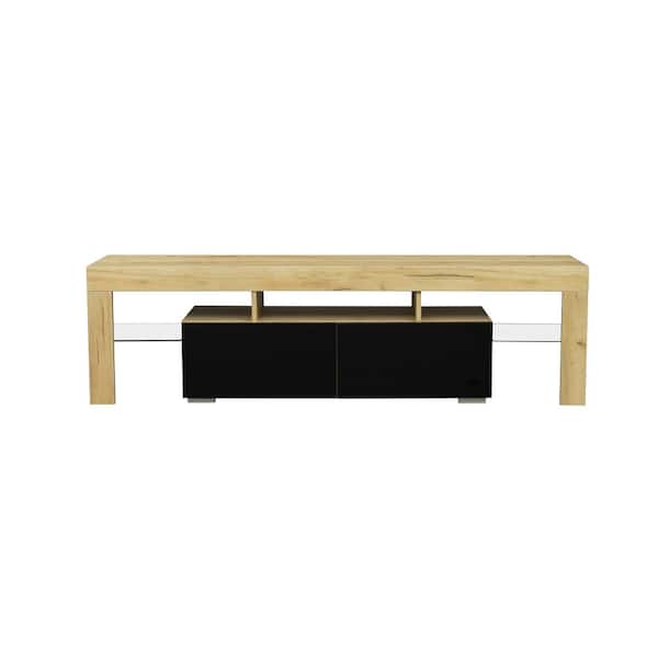 LUCKY ONE Hiro 63 in. Black and Oak MDF TV Console LED Entertainment Center with Storage Shelves and Drawers