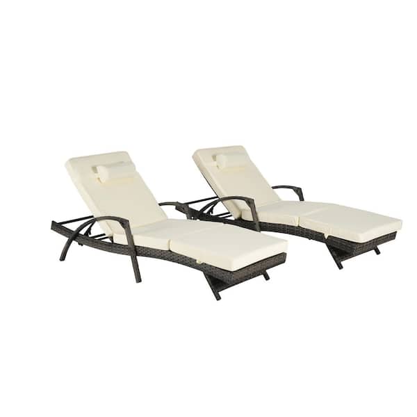 Modern Wicker Outdoor Recliner Lounge Chair Set of 2 with Beige Cushions, Up To 150°, for Poolside Garden Deck Lawn