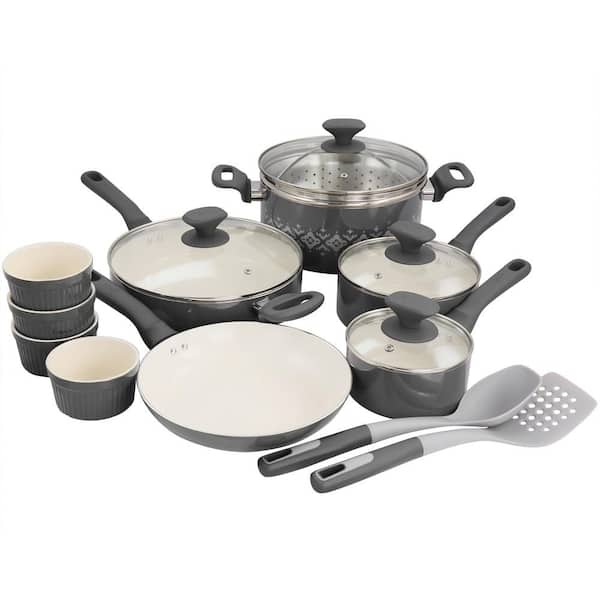 Spice BY TIA MOWRY Savory Saffron 16-Piece Ceramic Nonstick Cookware Set in  Grey 985118507M - The Home Depot
