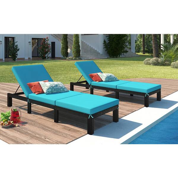 Wateday Black 2-Piece Wicker Patio Outdoor Chaise Lounge with Blue Cushions