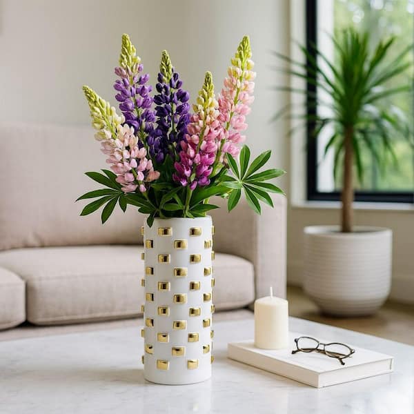 15 in. White Stoneware Cylinder Textured Raised Decorative Vase