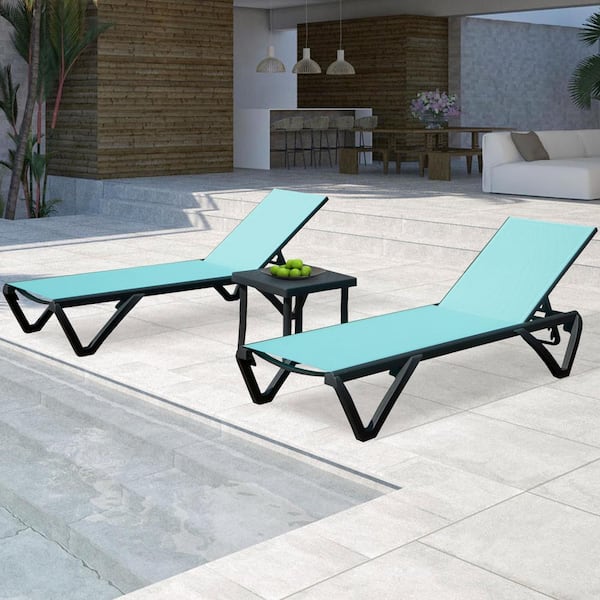 Unbranded 3 Piece Aluminum Patio Conversation Set, Outdoor Chaise Lounge Chair with Adjustable Backrest, Side Table  Wheels