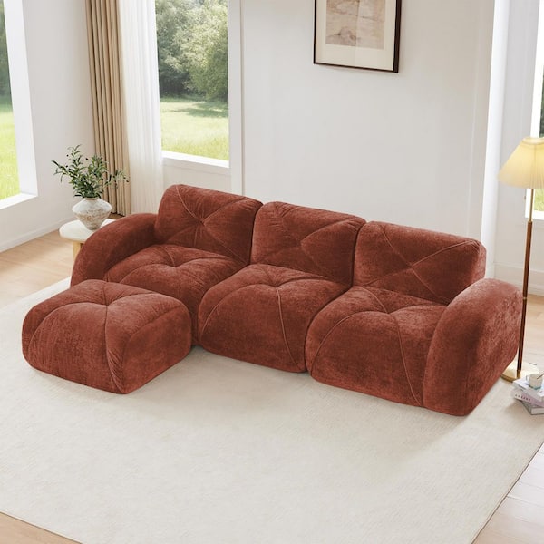 110.6 in. Velvet L-Shaped Modular Sectional Sofa in Red Brown Boneless Sofa with Movable Ottoman, No Assembly Required