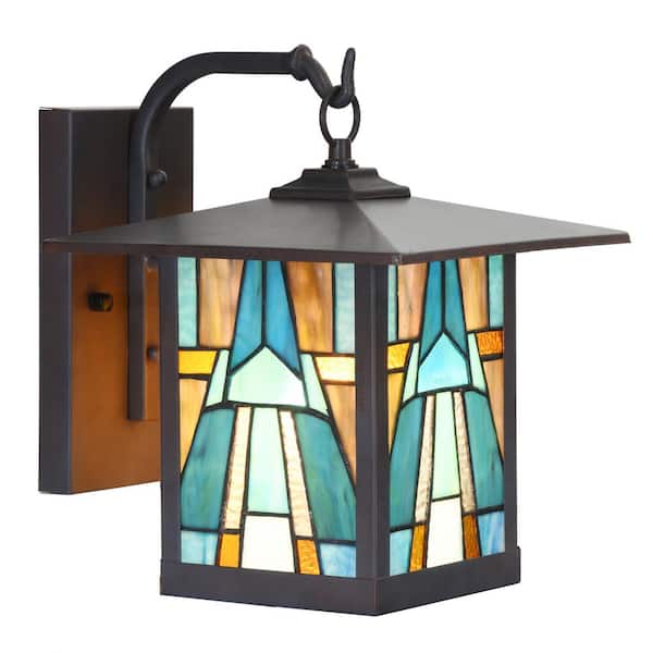Mission 1-Light Black Hardwired Outdoor Wall Lantern Sconce with Aqua Stained Glass