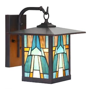 Mission 1-Light Oil Rubbed Bronze Hardwired Outdoor Wall Lantern Sconce with Aqua Stained Glass
