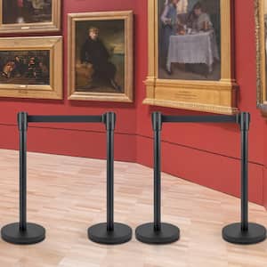 Crowd Control Stanchion 6.6 ft. Black Retractable Belt Stainless Steel Safety Barriers with Metal Base, Black (4-Pack)
