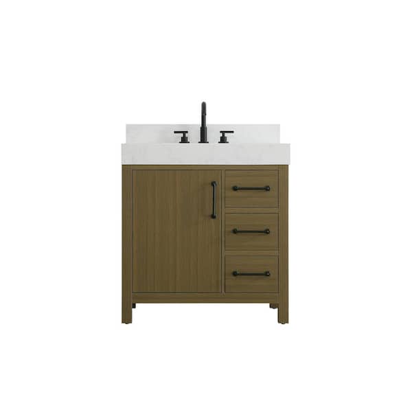 32 in. Single Sink Chestnut Brown Bath Vanity with White Engineered Marble Top and Backsplash