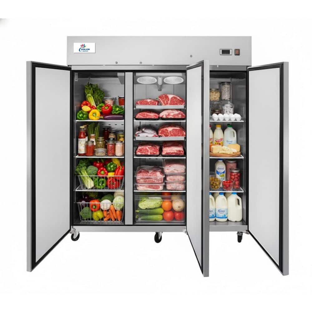 83 in. W 66 cu. ft. Top-Mounted Three Door Commercial Reach-In Refrigerator, NSF Certified, Stainless Steel