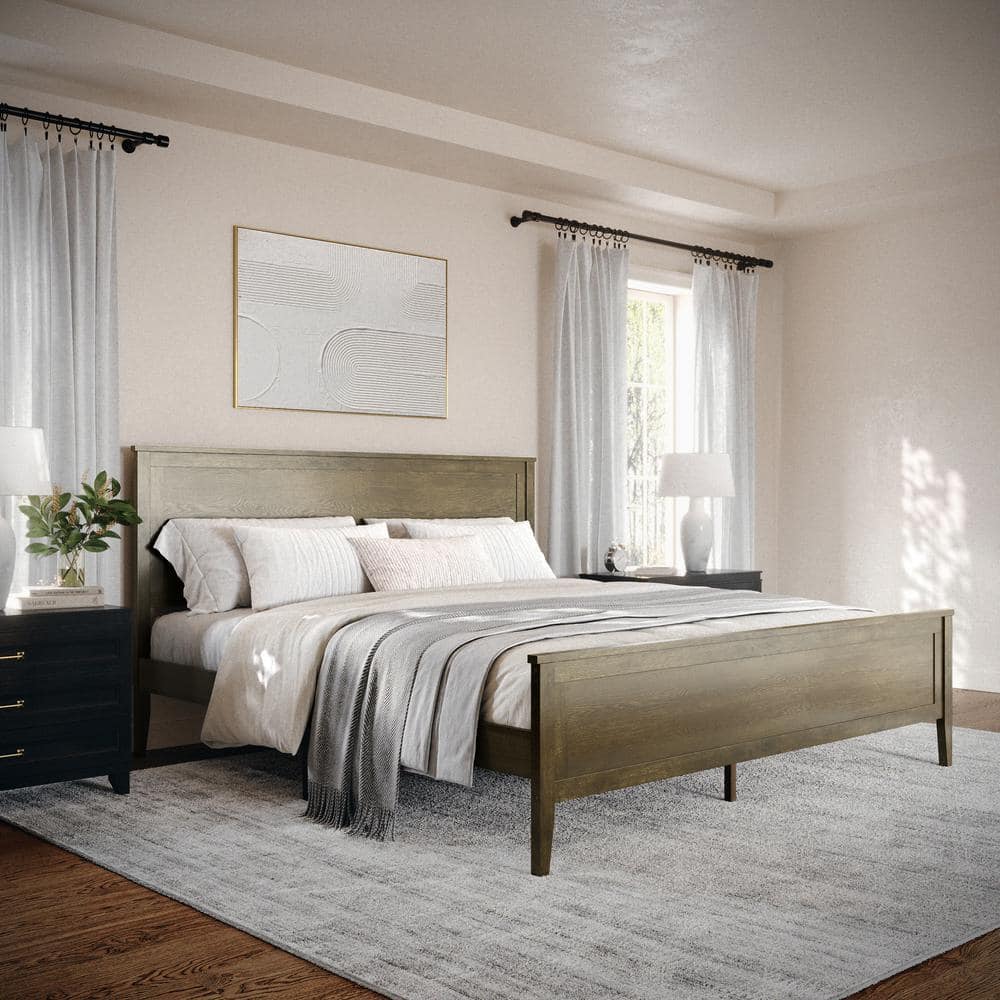 Brown Gray King Upholstered Wood Platform Bed with Headboard and Drawer