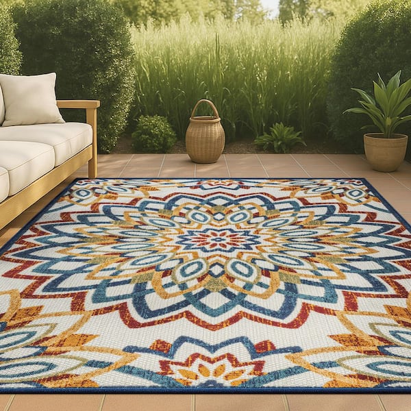 Flora Abstract Bold Mandala High-Low Red/Blue/Yellow 3 ft. x 5 ft. Indoor/Outdoor Area Rug