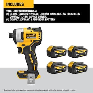 ATOMIC 20V MAX Lithium-Ion Cordless Brushless Compact 1/4 in. Impact Driver with (4) 20V 3Ah MAX Premium Battery Packs