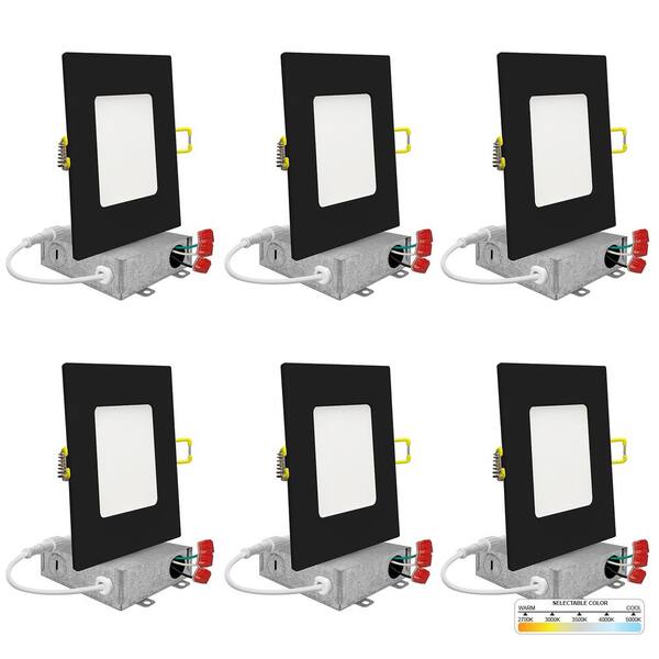 NuWatt 4 in. Black Square Slim Canless Integrated LED Recessed Light Kit 5 Color Selectable 2700K to 5000K Dimmable (6-Pack)