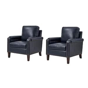 Leander Navy Genuine Leather Armchair Set of 2 with Removable Cushion and Nailhead Trims