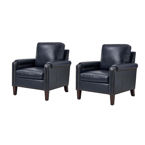 JAYDEN CREATION Leander Navy Genuine Leather Armchair Set of 2 with Removable Cushion and Nailhead Trims