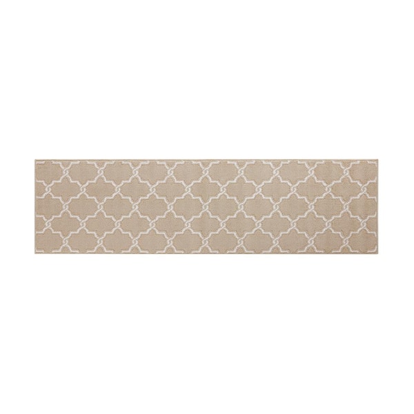 Jean Pierre Washable Non-Skid Beige and White 2 ft. 2 in. x 8 ft. Geometric Runner Rug