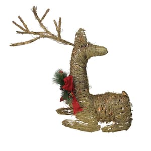30 in. Christmas Outdoor Rattan Lighted Reindeer Decoration with Red Bow and Pine Cones