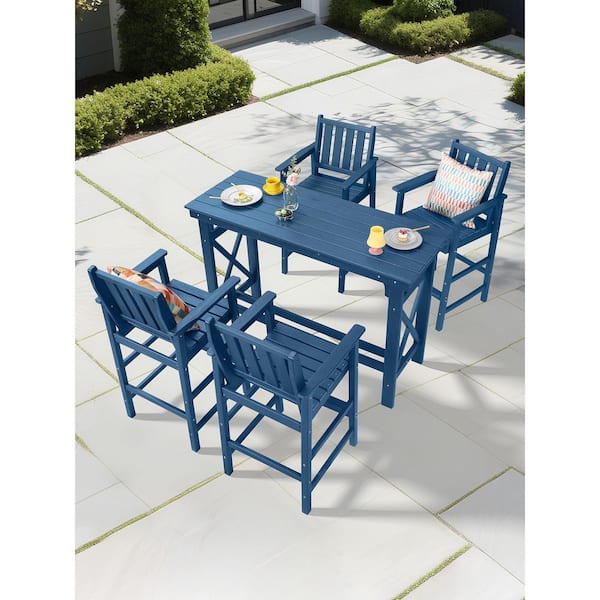 5-Piece Navy Blue HDPE Plastic Outdoor Bar Set with Rectangular Bar Table