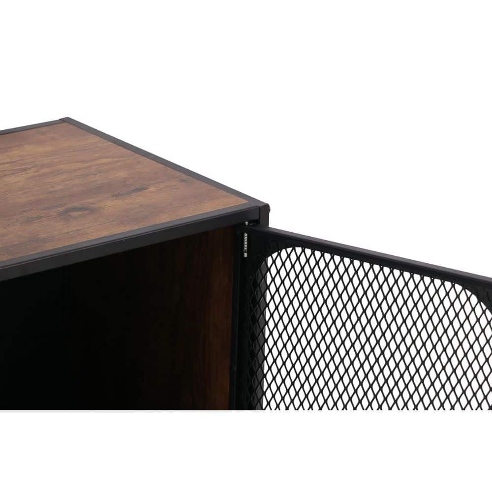 Black Steel and Wood 2-Door TV Cabinet with Mesh Panels