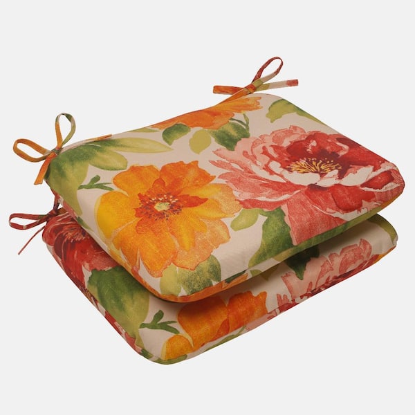 Floral 18.5 x 15.5 Outdoor Dining Chair Cushion in Green/Orange (Set of 2)