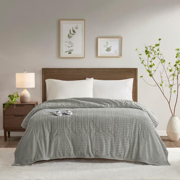 Corded Plush Grey Plush Twin Electric Blanket