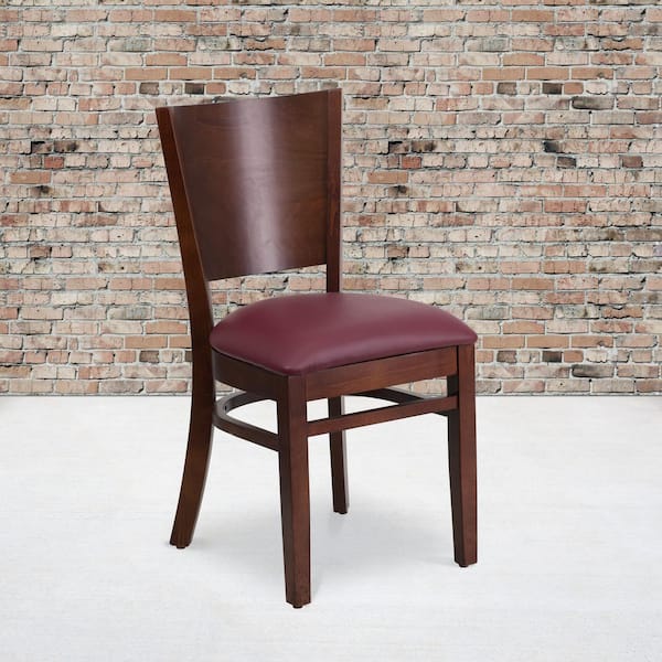 Lacey Series Walnut Solid Back Wooden Restaurant Chair with Burgundy Vinyl Seat