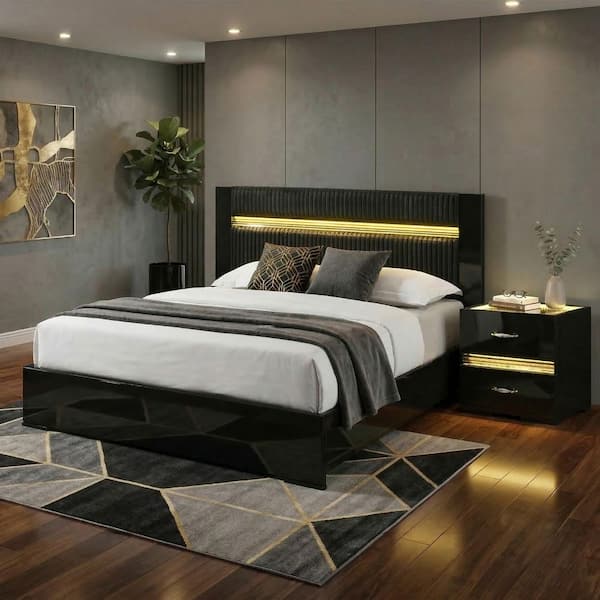Avanon Glam 2-Piece Black Wood Queen Platform Bedroom Set with Nightstand and LED Lighting