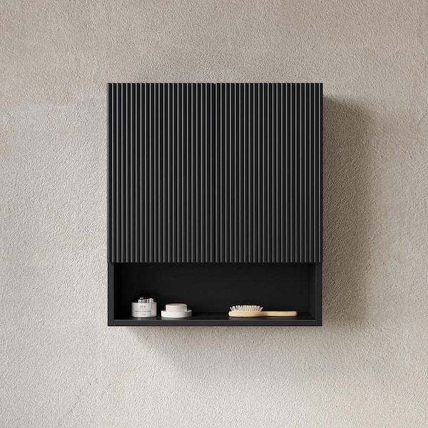 Cara Black 29.53 in. H Wall-Mounted Storage Cabinet with Doors, Shelf and Open Compartment