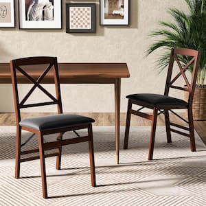 Black and Brown Folding Dining Chairs Foldable Chairs with PVC Padded Seat and High Backrest Set of 2