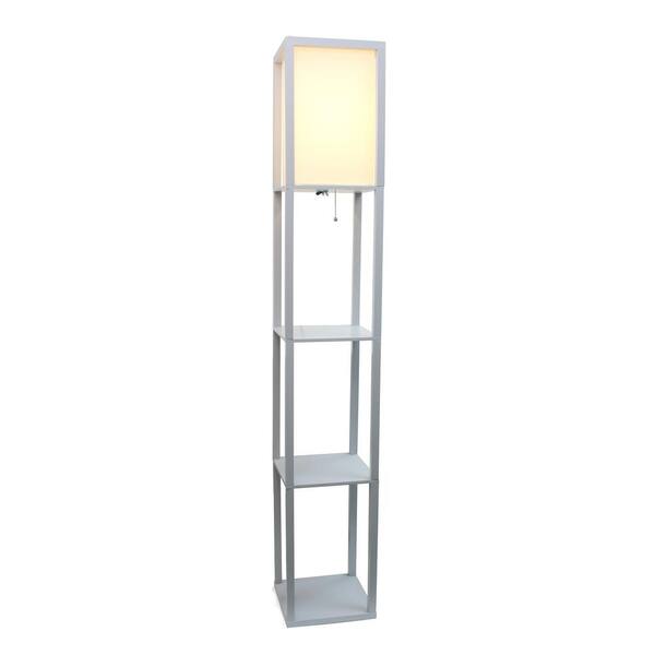 Simple Designs 62.5 in. Gray Three Shelf Standard Floor Lamp with White Linen Shade for Living Room, Bedroom, with LED Bulb Included