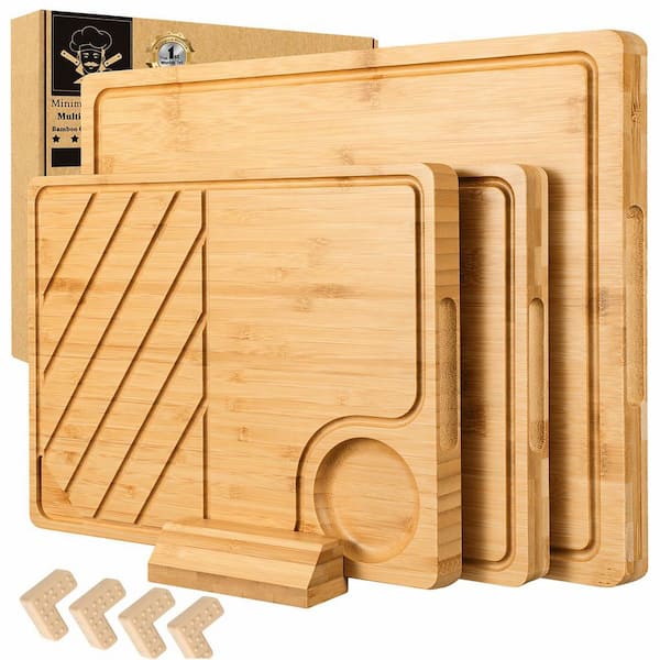 4-Piece Natural Bamboo Cutting Board Set with Holder Non-Slip Pads Kitchen Chopping Tray with Juice Groove