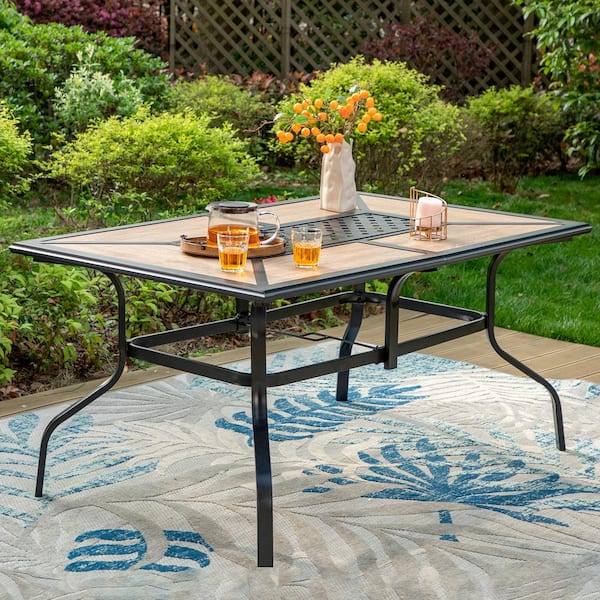 Black 7 Piece Metal Outdoor Patio Dining Set with Geometric Rectangle Table and C Spring Textilene Chairs