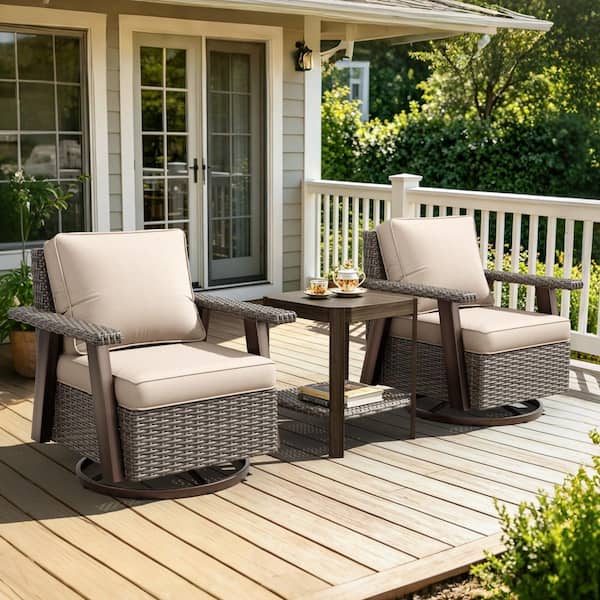 3-Piece Wicker Patio Swivel Rocking Chair Conversation Set with Beige Cushions