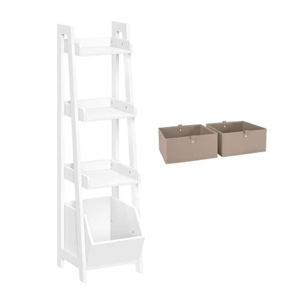 13 in. Wide White Ladder Shelf Toy Organizer and Book Storage with 3-Open Shelves with Two 5 in. H Taupe Fabric Bins