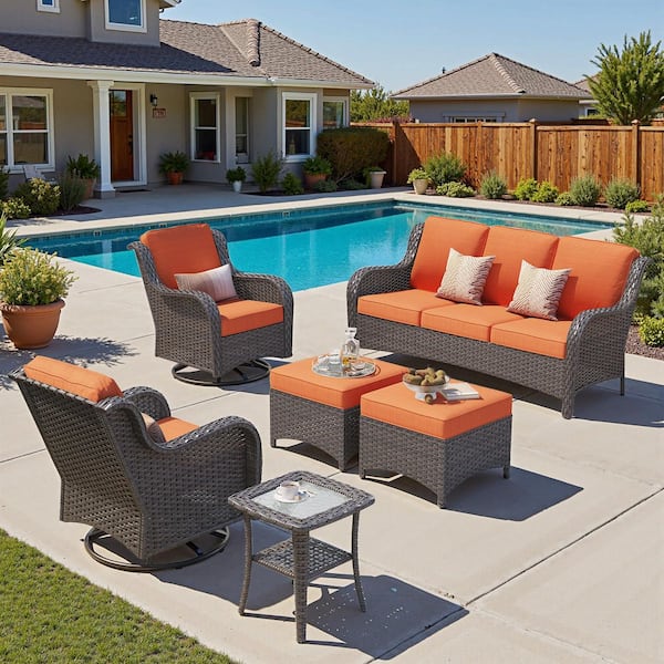 Clario 6-Piece Wicker Patio Sectional Conversation Set with Orange Red Cushion & 360° Rocking Swivel Chair for Backyard